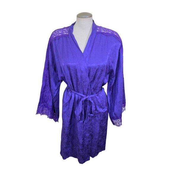 VICTORIAS SECRET Luxe Satin Jacquard Lace Inset Robe Size M L Royal Purple Belt - Picture 4 of 10